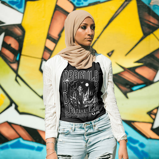 a muslim girl wearing a black Dracula Literary Tee